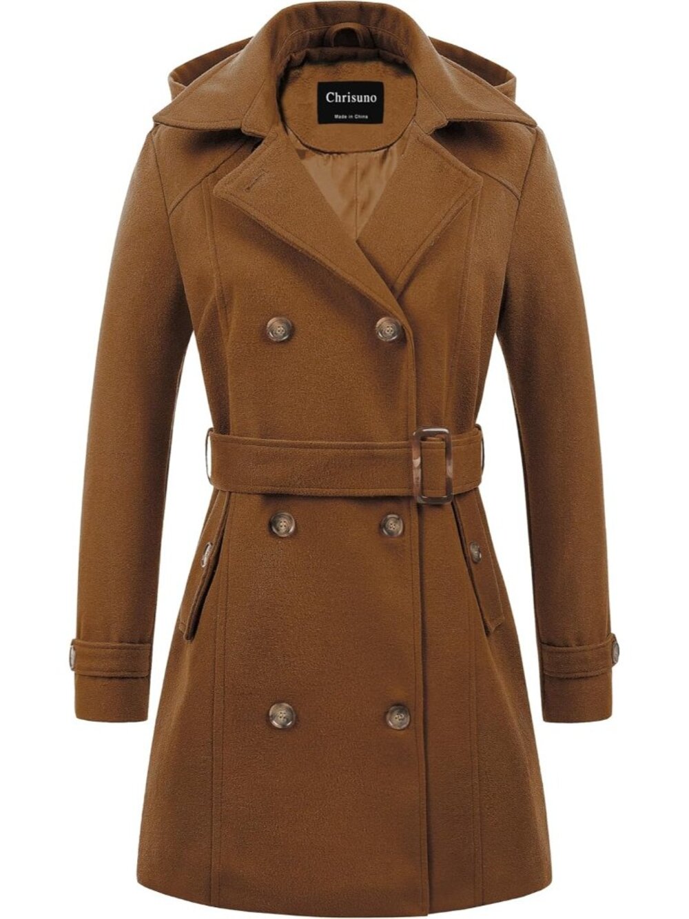Women's Brown Detachable Hood Long Double Breasted Belted Mid-Length Trench Coat